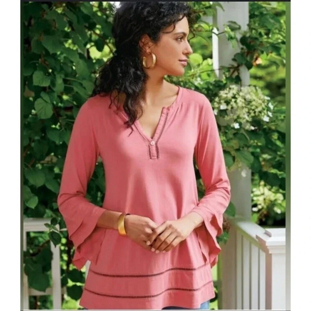 Soft Surroundings Imogen Top Sz 2X Boho Fairy Eyelet Tunic Pink Ruffle Whimsy‎